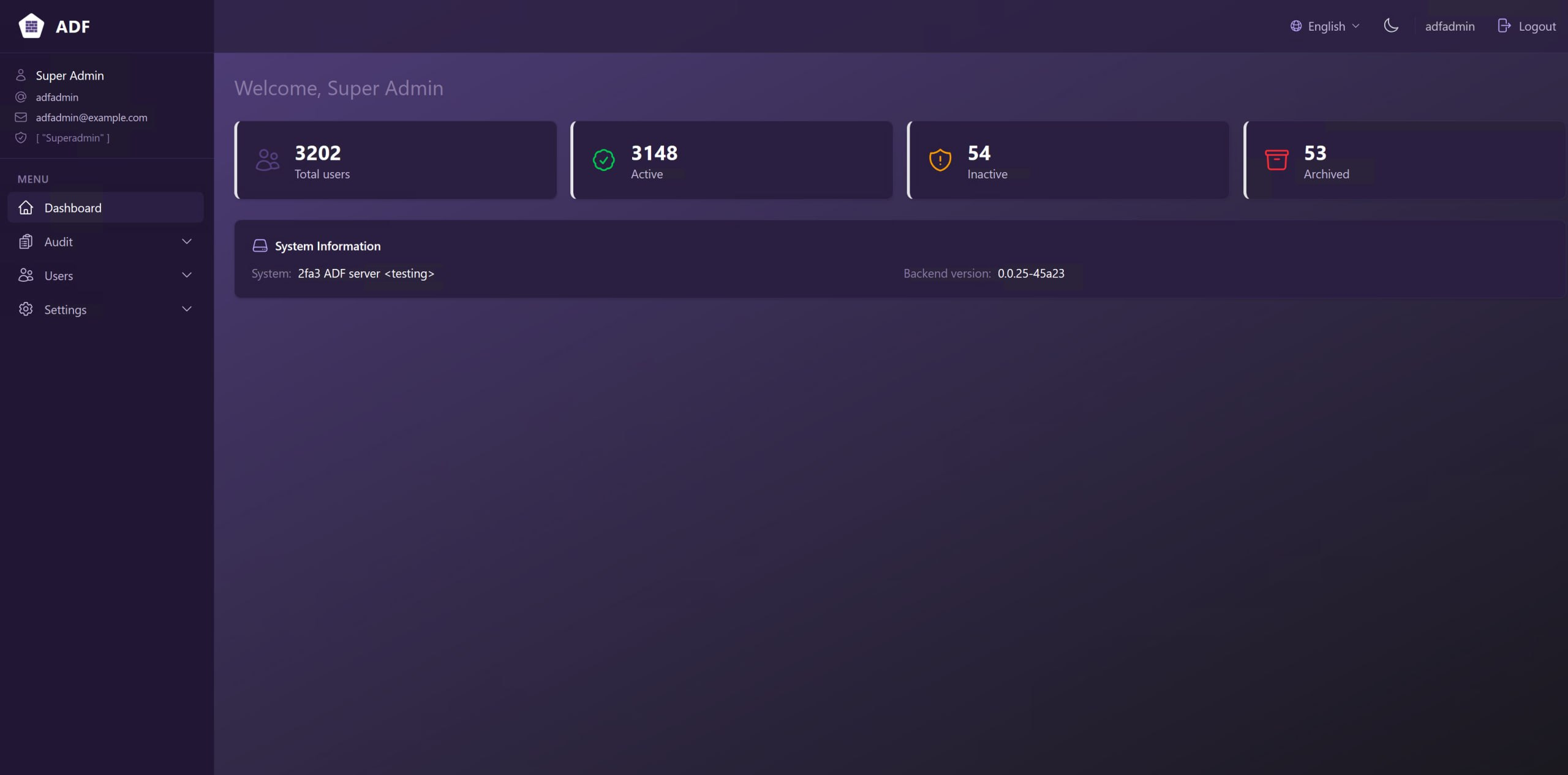 ADF admin console — dark theme