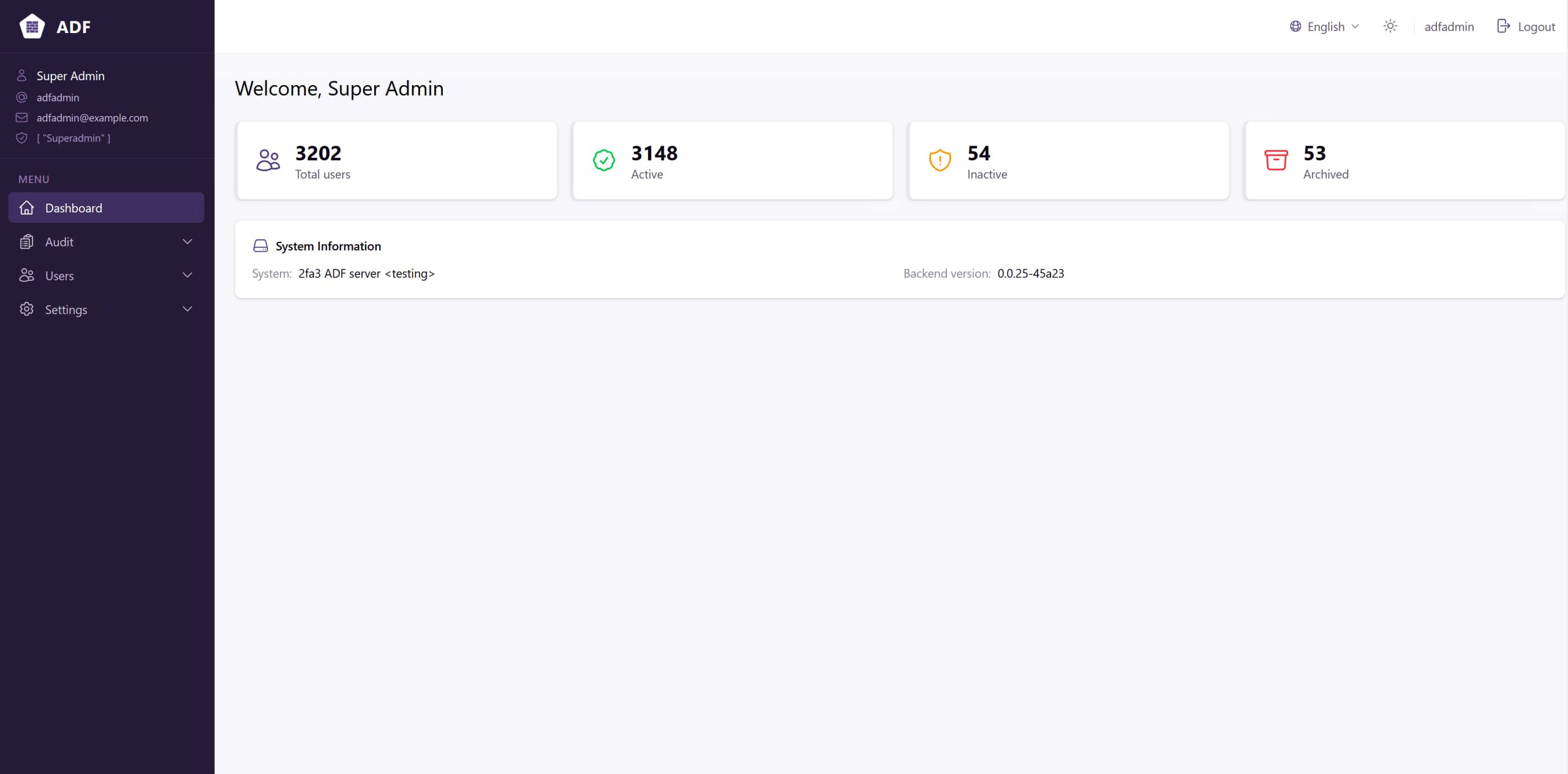 ADF admin console — light theme